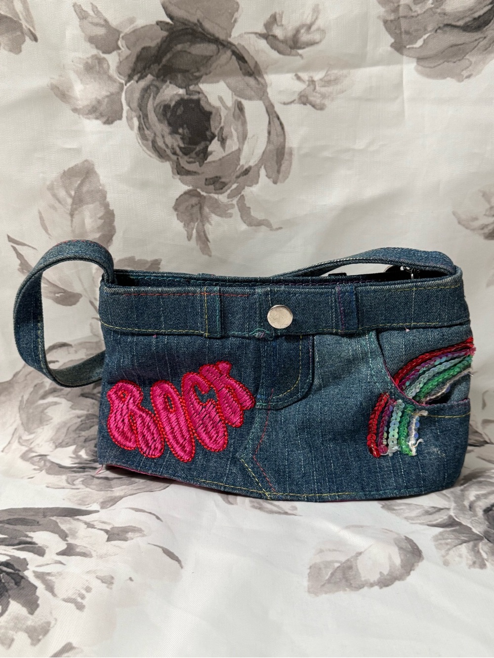 Source Unknown Denim Wristlet with Pink Embroidery & Multicolor Rainbow